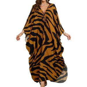 Womens Brown & Black Floral V-Neck Batwing Sleeves Summer Cover Up Kaftan Dress